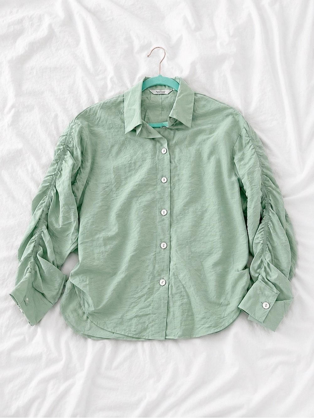 & Other Stories Mint Green Ruched Sleeve Button-Up Shirt NWT Oversized